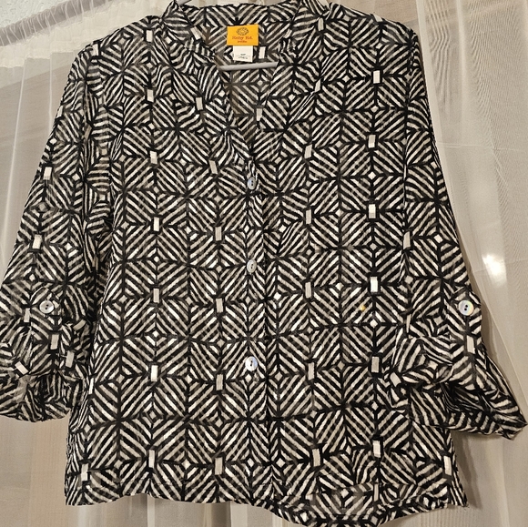 Black and White Button Up Sheer Blouse with Geometric Pattern - Picture 1 of 3